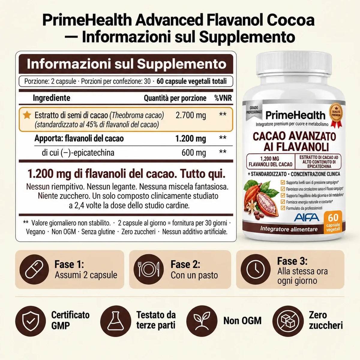 Capsule di Cacao Crudo PrimeHealth per Favorire la Circolazione Sanguigna e la Vitalità Maschile